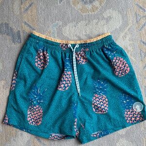 chubbies Teal Swim Trunks with Pink Pineapple Print